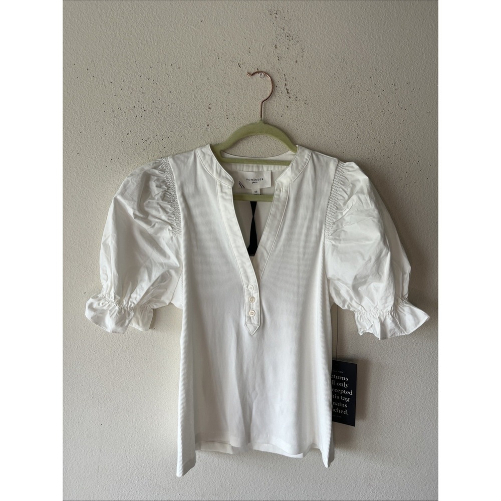 Tuckernuck Livia Puff Sleeve Top Henley White PomanderPlace XS New Preppy Casual